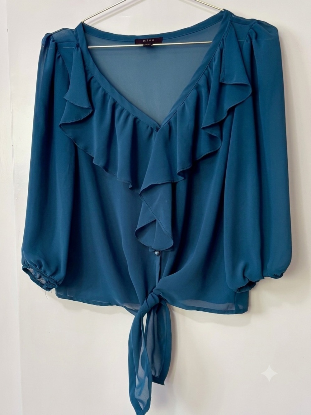 mine| Sheer Peacock Blue Ruffle Tie-Front V-Neck Cropped Blouse Sz M